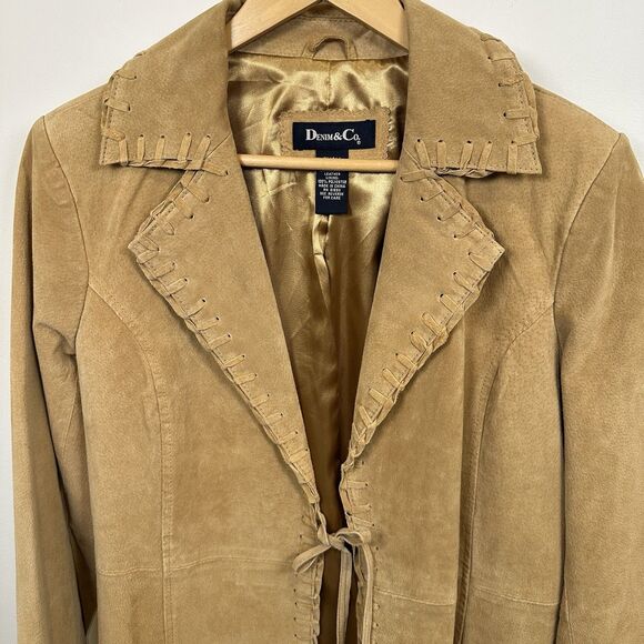 Denim & Co Leather Jacket Women's Small Tan Suede Hippie Festival Western Fringe - Picture 2 of 14